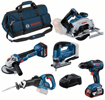 Bosch Blauw Accu Toolkit 18V | GSR 18V-55 + GWS 18V-11 + GKS 18V-57-2 + GSA 18V-32 + GST 18V-125 B + 3x 5,0 Ah