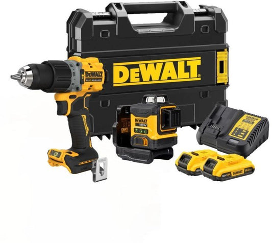 DeWalt DCK2095D2T-QW | Accu Combiset | DCLE34031 3×360° Kruislijnlaser + DCD805N 18V Schroef-/klopboormachine