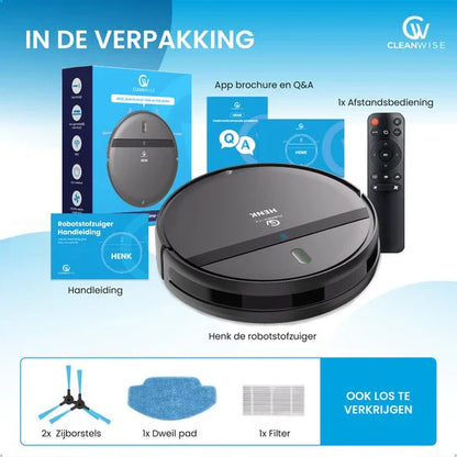 CleanWise Henk – Robot vacuum cleaner with mopping function and charging station – 4500 Pa suction power, 5 cleaning modes, app and voice control, ideal for pets, hard floors & carpets