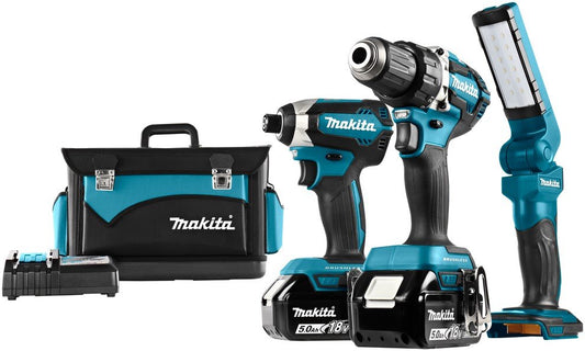 Makita DLX3090T 18v 5.0Ah Combination Set Cordless Drill DDF484 and Impact Driver DTD153 + Lamp DML801