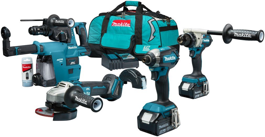 Makita DLX4194TX1 Combo Set – DDF492 Cordless Drill/Driver + DTD153 18v Impact Driver + DGA504 18v Angle Grinder + DHR243 18v Combination Hammer | Includes 2x 5.0 Ah batteries and charger
