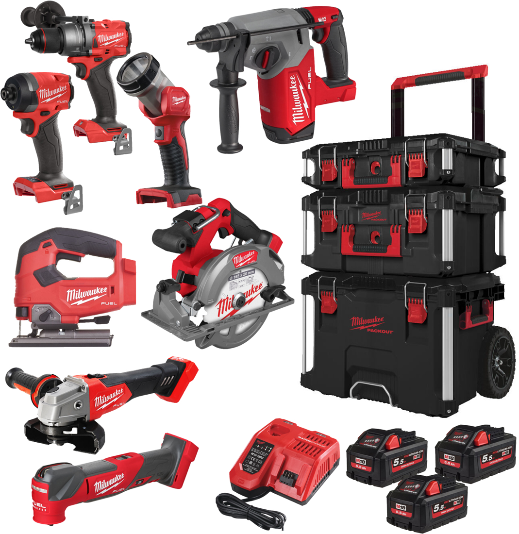 Milwaukee M18 FPP8E-553P Battery Powerpack 8-piece 18V 5.5Ah in PACKOUT Set