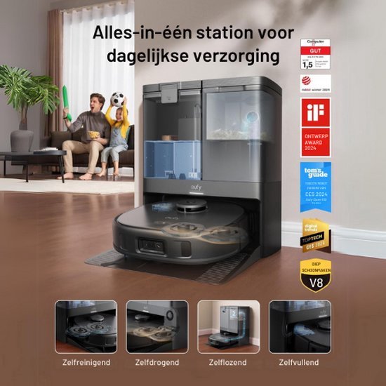 eufy Clean X10 Pro Omni Robotstofzuiger met Dweil Robotstofzuiger met 8000 Pa zuigkracht, tapijtherkenning, AI-obstakelvermijding, automatisch wassen en drogen van de dweil, en automatisch legen en bijvullen.