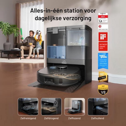 eufy Clean X10 Pro Omni Robotstofzuiger met Dweil Robotstofzuiger met 8000 Pa zuigkracht, tapijtherkenning, AI-obstakelvermijding, automatisch wassen en drogen van de dweil, en automatisch legen en bijvullen.