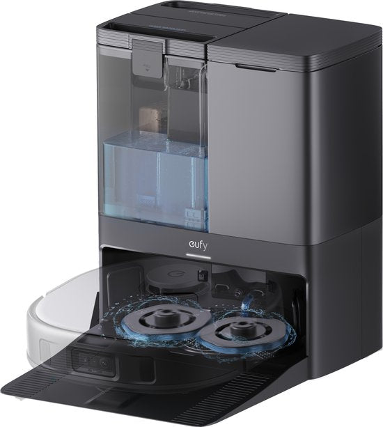 eufy Clean X10 Pro Omni Robotstofzuiger met Dweil Robotstofzuiger met 8000 Pa zuigkracht, tapijtherkenning, AI-obstakelvermijding, automatisch wassen en drogen van de dweil, en automatisch legen en bijvullen.
